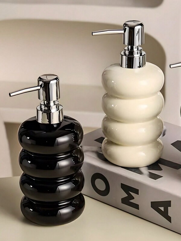 1pc Premium Ceramic Dispenser Bottle, Pump Style, Beige Bathroom Lotion/Shower Gel/Foaming Dispenser
