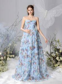 Faeriesty Dressalisa Maternity Floral Mesh Ruched Bustier Party Dress Photography Dress - Baby Blue - View 7