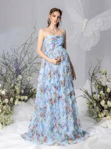 Faeriesty Dressalisa Maternity Floral Mesh Ruched Bustier Party Dress Photography Dress - Baby Blue - View 4