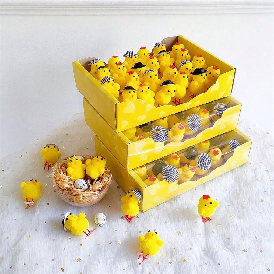 LINGXUE 24pcs/Set Realistic Mini Chicken Decorations, Cute Easter Chicks For Home Garden Ornaments, Gifts (Chicken Hat Random)