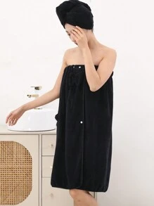 Bộ 2 áo choàng tắm mềm mại thoải mái cho nữ và mũ tắm có nơ trang trí, trang trí phòng tắm gia đình mùa hè màu đen trở lại trường - Bộ 2 món màu đen - Xem 5