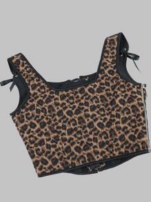 1 Pc Women's Corset-Style Leopard Print Tight Fitting Tank Top, Fashion Sexy Lacing Front Boned Shapewear Camisole Vest, Suitable For Party Or Daily Outfit