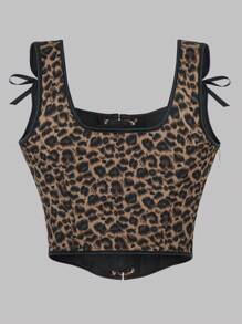 1 Pc Women's Corset-Style Leopard Print Tight Fitting Tank Top, Fashion Sexy Lacing Front Boned Shapewear Camisole Vest, Suitable For Party Or Daily Outfit