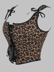 1 Pc Women's Corset-Style Leopard Print Tight Fitting Tank Top, Fashion Sexy Lacing Front Boned Shapewear Camisole Vest, Suitable For Party Or Daily Outfit