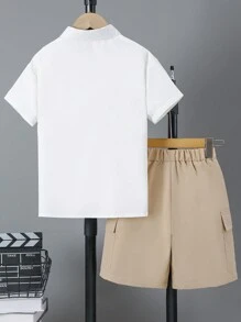 2pcs/Set Tween Boy Casual Street Style School Uniform Collar Button Down Short Sleeve Shirt And Drawstring Shorts, Spring/Summer - Khaki - View 2