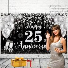 1 pièce Décorations pour 25e anniversaire de mariage, Bannière noire et argentée Joyeux 25e anniversaire 180 cm x 110 cm/70,8 po x 43,3 po, Toile de fond pour photographie de 25e anniversaire, Convient pour fournitures de fête du 25e anniversaire de mariage argent