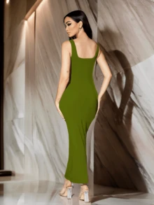 Women's Square Neck Fitted Long Dress - Green - View 3