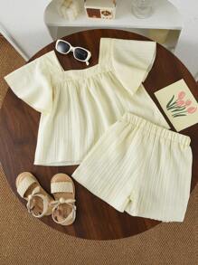 Kleine Mädchen 2-teiliges Outfit mit Blumen gewebter Schleifen-Textur Kurzarmshirt und Shorts für den Sommer