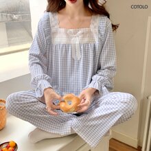 COTOLO Conjunto de Pijama de Mujer con Encaje Cuello Cuadrado Moño Estilo Holgado a Cuadros Multicolor y Dulce para el Hogar Conjunto de Pijama de Mujer,pijamas de mujer,pijama,pans de mujer,pijamas - Azul y blanco - Ver 2