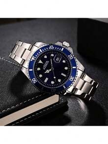 ZOEA EZ8096 Men's Silver Tone Quartz Watch With Stainless Steel Strap 30M Waterproof - 藍色 - 查看 3