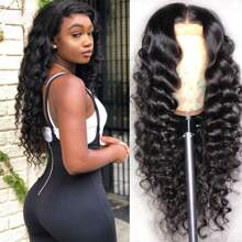 CUEKI 巴西处女真人头发松散深卷蕾丝前假发透明高清 4x4 蕾丝前假发无胶假发快速安装，自然外观黑色 - 黑色 - 查看 2