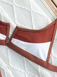 Colorblock Contrast Binding Bikini Swimsuit Summer Patchwork Sexy V-Bar Bathing Suit Women, Smaller Size