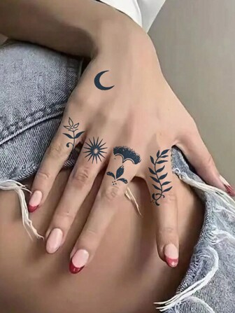 1 张树叶、几何、人体艺术设计临时纹身，防水、逼真、反光、草本、半永久性，持续 5-12 天