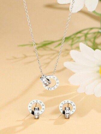 1set/3pcs New Roman Numeral Earrings Silver Color Luxury Stainless Steel Crystal Necklace Earring Set Female Charm Jewelry