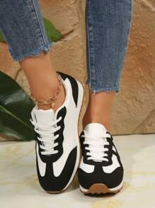 女士厚底休闲运动鞋，新款秋季拼接系带厚底休闲运动鞋，轻便户外运动款学生鞋 - 黑色 - 查看 5