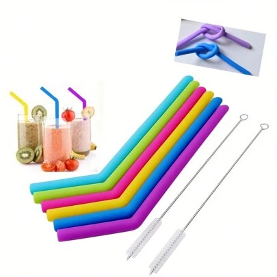 8pcs Reusable Silicone Straws Set, Random Color Straws With 6 Straws & 2 Cleaning Brushes