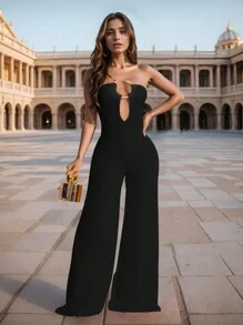 Solid Color Smocked Casual Wide Leg Pants Slim Jumpsuit New Birthday Party Office Spring Summer - Black - View 4