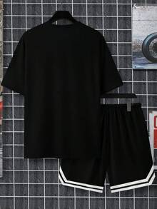 Bộ đồ thường ngày cho nam áo thun tay ngắn in họa tiết và quần short buộc dây phía trước - màu đen - Xem 5