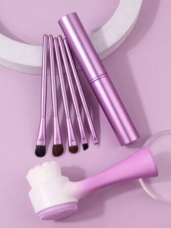 6 piezas Juego de brochas de maquillaje para principiantes y profesionales - Brocha de sombra de ojos de tubo de aluminio, brocha de difuminado, brocha de delineador, brocha de cejas, juego de brochas de maquillaje de ojos + cepillo facial de limpieza manual suave de doble cara