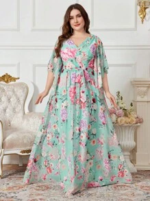 SUPGIR 加大码花卉印花 V 领雪纺荷叶边袖褶腰优雅连衣裙派对礼服婚礼宾客礼服正式礼服晚礼服 - 綠色 - 查看 2