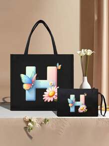 Color Gradient Butterfly Flower Letter A-Z Pattern Tote And Cosmetic Bag Set, Casual Style, Fabric Structure - Black - View 28