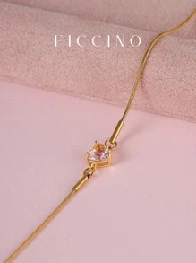 FICCINO 经典心形镀金方晶锆石手链，钛钢镀金蛇链可调节长度珠宝，简约可爱，可作为送给女孩/女朋友的礼物，附赠盒子 - 298b - 查看 2