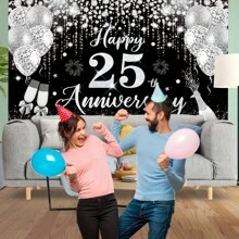 1 pièce Décorations pour 25e anniversaire de mariage, Bannière noire et argentée Joyeux 25e anniversaire 180 cm x 110 cm/70,8 po x 43,3 po, Toile de fond pour photographie de 25e anniversaire, Convient pour fournitures de fête du 25e anniversaire de mariage argent
