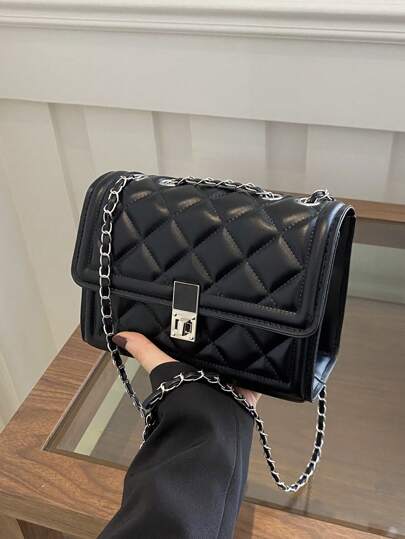 Fashion Solid Color Quilted Square Chain Shoulder Bag, Versatile Flap Banquet Evening Bag New Lightweight Handbag & Purse, Daily Commuting Messenger Bag For White Collar And Student, Casual Mobile Phone Coin Crossbody Bags