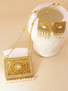 3 件套精致水钻仿珍珠镶嵌项链耳环优雅奢华风格宴会金首饰套装 - 珍珠流蘇 - 查看 9