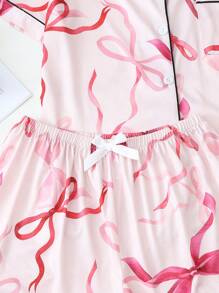 2 件夏季女士睡衣套装，带蝴蝶结印花 V 领纽扣上衣和裤子，舒适家居休闲睡衣套装，两件套 - 粉色 - 查看 6