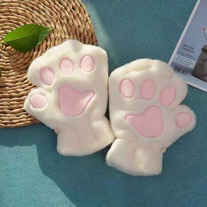 1 paire Gants de chat blancs pour femmes, gants sans doigts d\'hiver mignons en peluche avec motif de patte d\'ours, épaissis et réchauffants pour les mains, pour Halloween