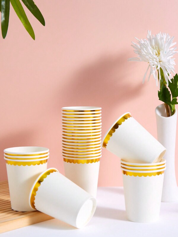10/25pcs 9oz White & Gold Floral Rim Disposable Paper Cups, Elegant Metallic Gold Foil Party Cups For Ladies And Gentlemen Dinner, Celebration, Party Supplies