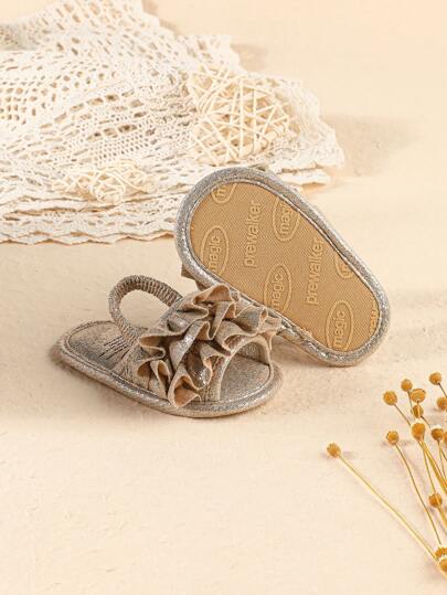 1 双纯色女童蕾丝装饰一脚蹬松紧带设计平底露趾凉鞋适合夏季