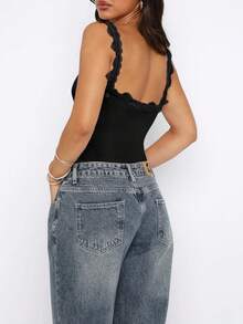 1pc Women's Fashionable Solid Color Fitted Lace Camisole Top, Sexy Ladies Spring/Summer Top - Black - View 3