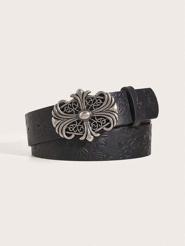 1pc Women's Retro Alloy Buckle Printed PU Waist Belt, Suitable For Western Cowboy Style Summer, School