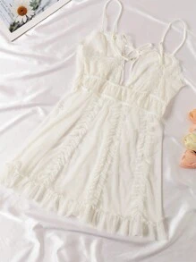 女士蕾丝网褶边前开叉系带睡衣（含丁字裤）