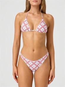 Fashion Lace Trim Slimming Swimsuit Set - Pink - View 1