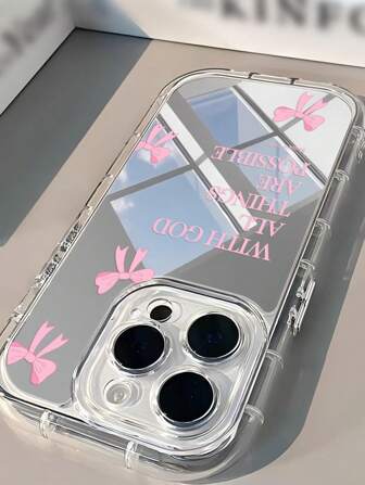 1 件简约粉色女孩风格蝴蝶结宗教口号图案透明镜面软手机壳，适用于 11/12/13/14/15/16 Pro Max 防水防震防摔防刮