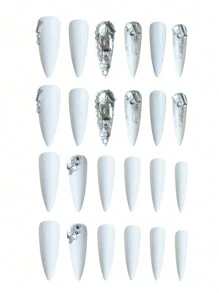New Year's Nail Long Nails Press On Stiletto Nails Press Ons White Fake Nails With Rhinestone Designs False Nails Claw Nails 24Pcs - Multicolor - View 2
