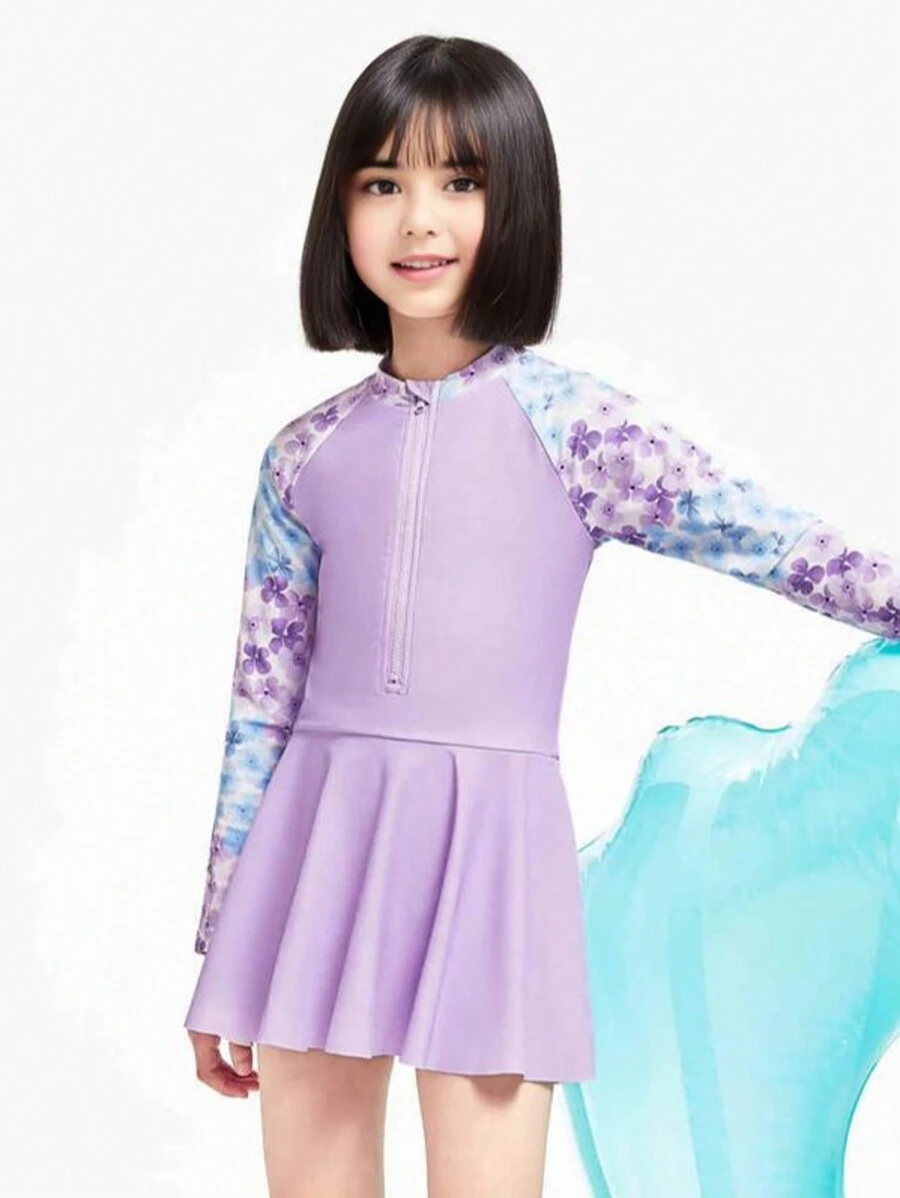 Annil Girls' One-Piece Long Sleeved Swimming Suit, Skirt And Cap Set, Summer Stretch, Conservative, Sweet And Comfortable - Purple - View 1