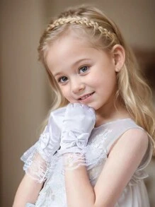 1 Pair Girls' White Satin Bow Lace High-End Gloves, Suitable For Wedding Dress, Photo Shooting, Stage Performance, Princess, Flower Girl, Birthday, Super Stretchy Five-Finger Gloves