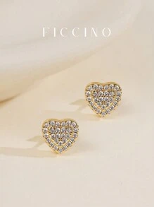 FICCINO 经典镀金 CZ 心形耳钉，适合女士，优雅珠宝礼物，适合情侣、周年纪念、节日，附赠情人节、妈妈、母亲、母亲节、礼物盒 - Heart Earrings - 查看 1