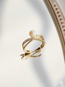 1pc Women's Simple Geometric Line Pattern Pearl And Crystal Rhinestone Ring, Fashionable Party Jewelry, Suitable For Daily Wear - Yellow Gold - View 4