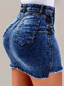 Womens Denim Skirt With Pockets Frayed Hem Elastic Waist Comfortable Casual Summer Fashion - 深色水洗藍 - 查看 3