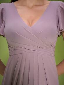 Mgiacy New Arrival V Neck Elegant Bridesmaid Dress Ruched Butterfly Sleeve Long Dress - Lilac Purple - View 6
