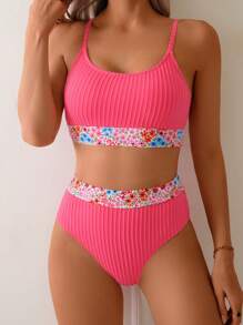 Women's Rose Red Textured Spliced With Tiny Floral Pattern, Elegant Summer Beach Vacation Holiday Swimwear Bikini Set