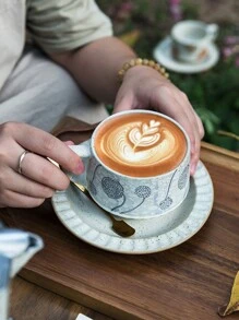 1 件日式复古风格釉下彩绘咖啡杯碟套装，高美感创意粗陶拿铁杯