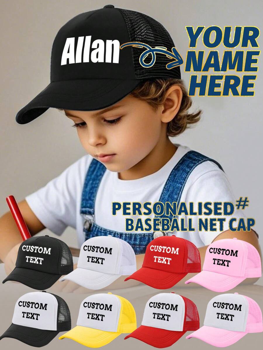 1pc Children's Customized Truck Driver Cap, Breathable Mesh Sun Protection Hat, Suitable For Team Gatherings, Outdoor Outings, School Class Customization, Great As A Gift,Multi-Functional,Ornamental,Letter,Stylish,Modern,Colorful,Cute,Adorable,Casual,Custom,Personalised,Unique,Customized,Ideal Gifts For Him,Ideal Gifts For Her