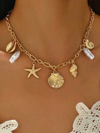 1pc Fashionable Faux Pearl, Seashell, Starfish Metal Pendant Necklace, Women Ocean Vibe Jewelry Suitable For Daily Wear, Beach Vacation, Music Festival, Party Decoration, Holiday Gift