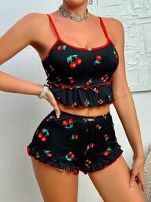 1 套女士樱桃印花荷叶边睡衣套装 - 黑色 - 查看 5